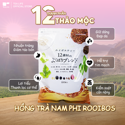 Hồng Trà Rooibos 12 Loại Thảo Mộc - Lợi tiểu – Giải độc gan – Thanh lọc cơ thể TeaLife (200g - 100 Túi Lọc)
