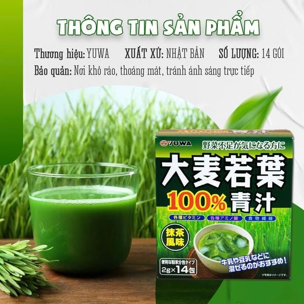 Bột Lúa Non Hữu Cơ YUWA - Bổ Sung Dinh Dưỡng & Chất Xơ Tự Nhiên - Hộp 14 Gói