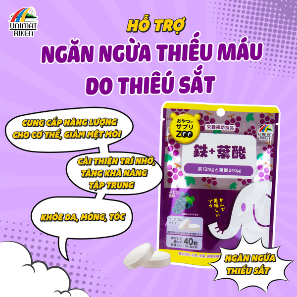 Kẹo Bổ Sung Sắt & Axit Folic Vị Nho Unimat Riken (Zoo season)(40 Viên)