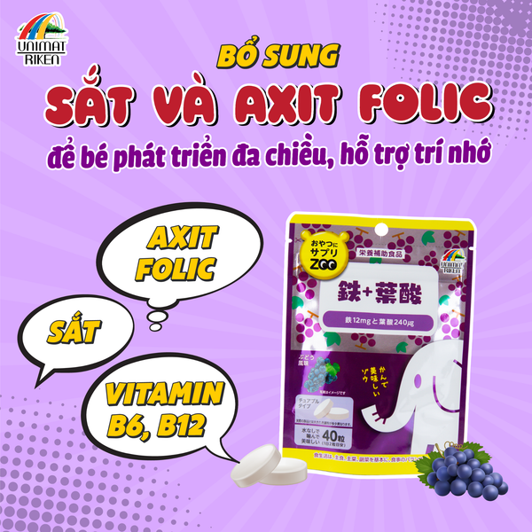 Kẹo Bổ Sung Sắt & Axit Folic Vị Nho Unimat Riken (Zoo season)(40 Viên)