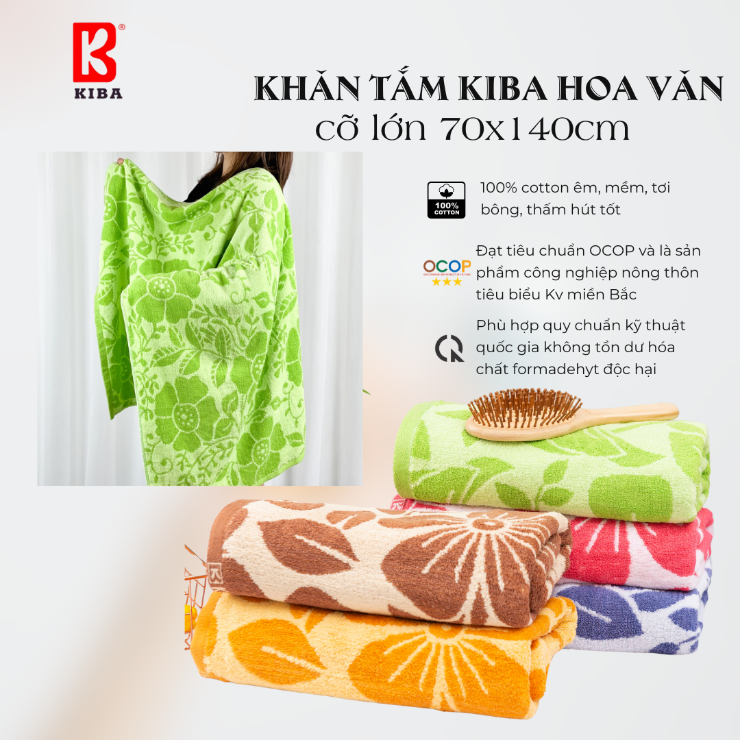  Khăn Tắm Hoa Văn Cỡ Lớn (70x140cm) KIBA Cotton Kháng Khuẩn, Thấm Hút Tốt, Dày Dặn, An Toàn Cho Da, Bảo Vệ Môi Trường 