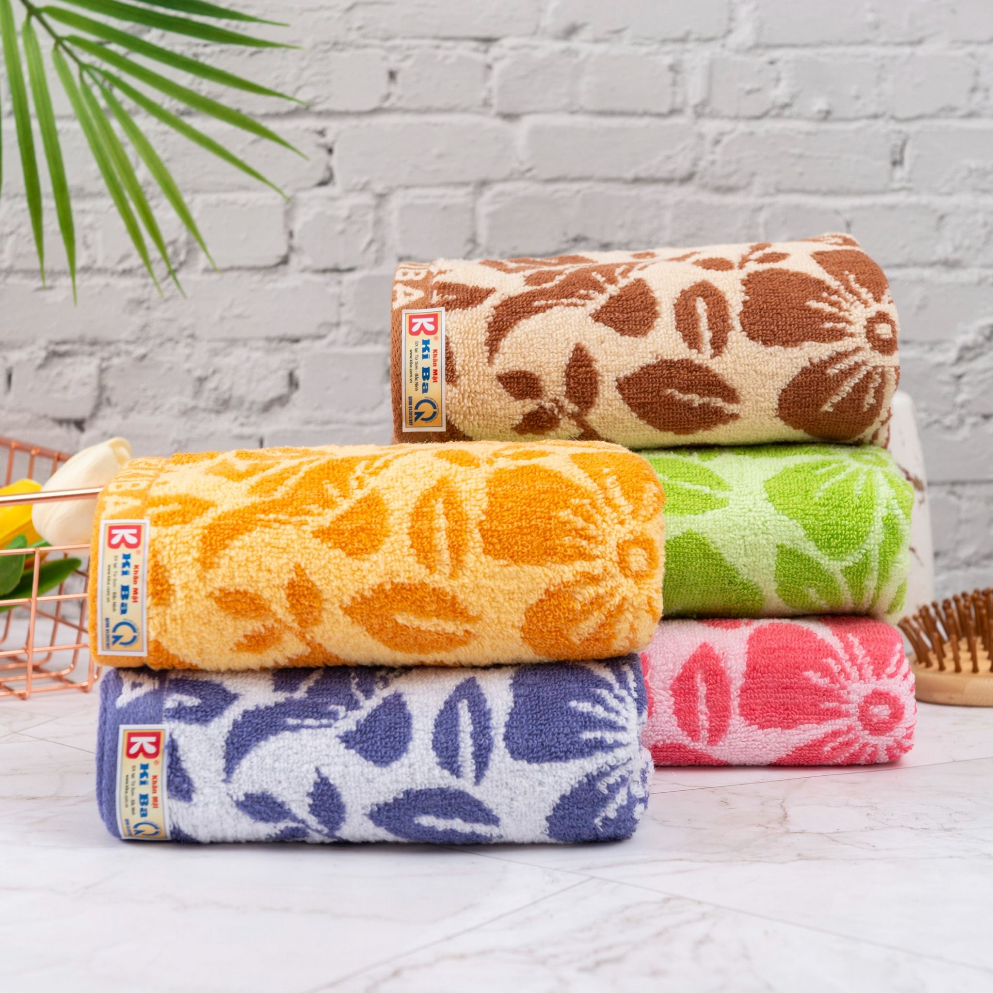  Khăn Gội Đầu, Khăn Lau Tóc, Quấn Tóc KIBA  KT 34cm x 75cm Họa Tiết Hoa 5 Cánh, Chất Cotton Dày Dặn, Êm Mềm, Thấm Hút Tốt 
