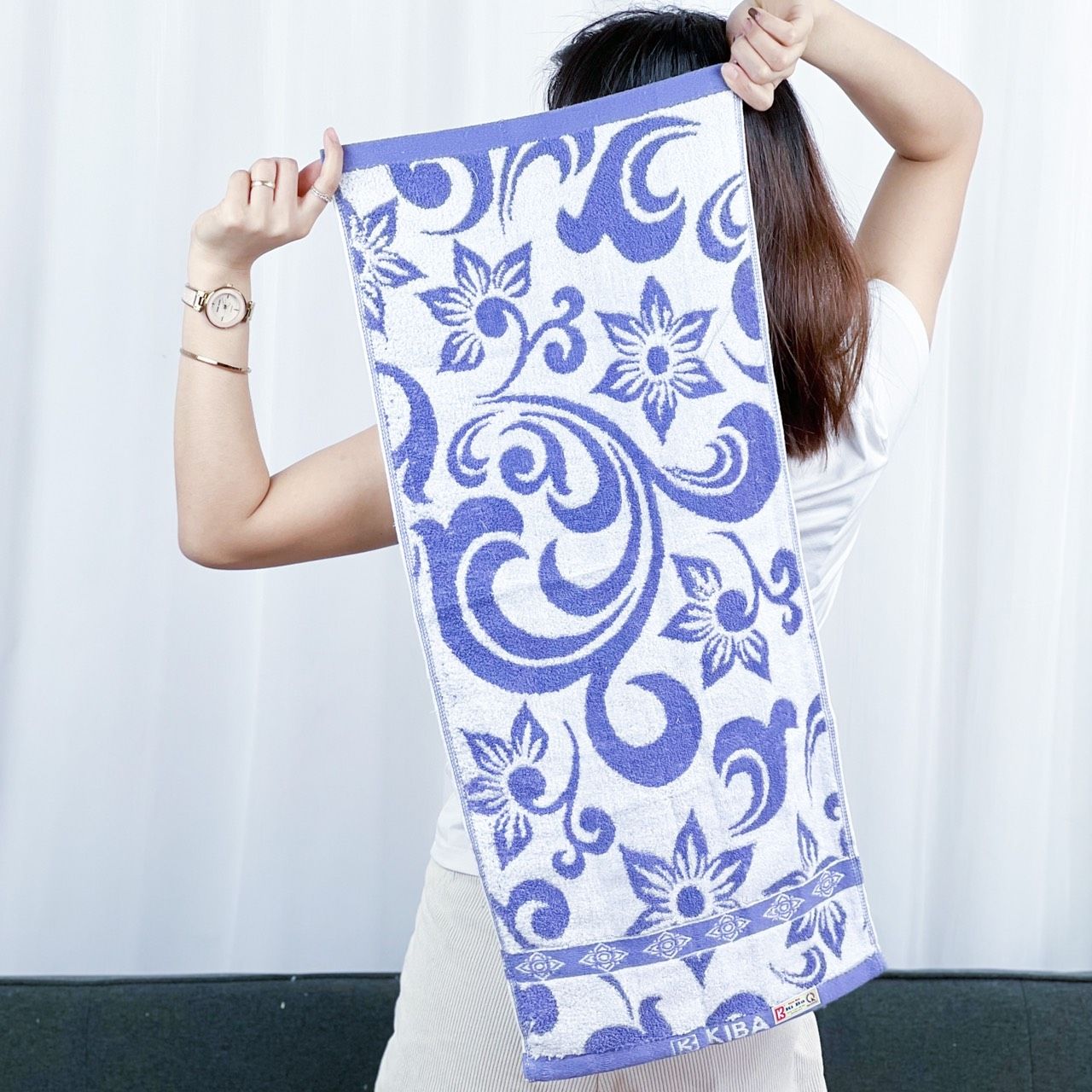  Khăn Gội Đầu, Khăn Lau Tóc, Quấn Tóc KIBA KT 34cm x 75cm Họa Tiết Sóng, Chất Cotton Dày Dặn, Êm Mềm, Thấm Hút Tốt 