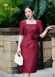  Đầm dự tiệc dáng ôm gấm tafta hoa hồng cao cấp TFL843RED 