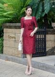  Đầm dự tiệc dáng ôm gấm tafta hoa hồng cao cấp TFL843RED 