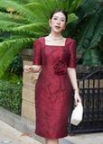  Đầm dự tiệc dáng ôm gấm tafta hoa hồng cao cấp TFL843RED 