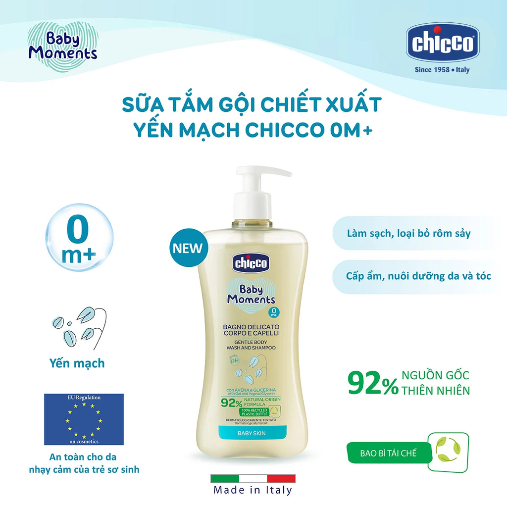 Sữa Tắm Gội Chicco 0m+ 500ml Yến Mạch