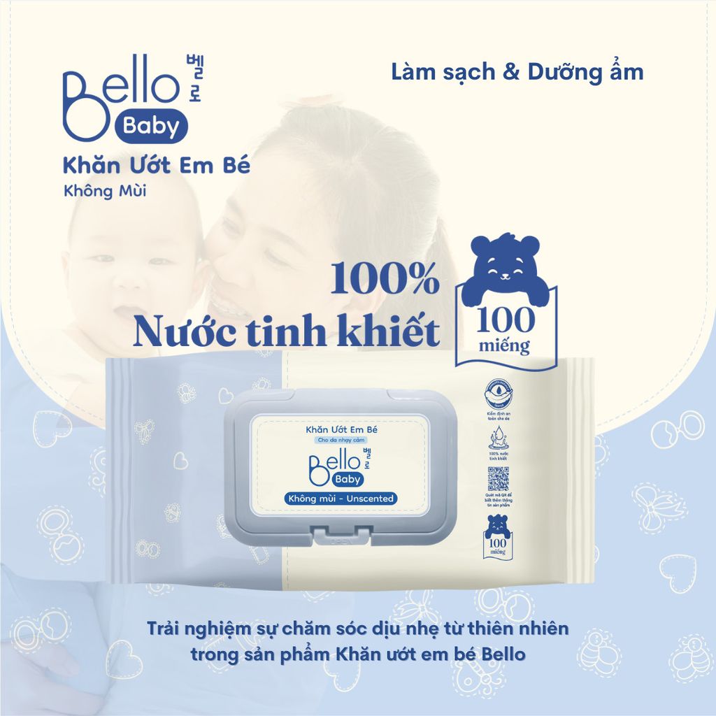 Khăn Ướt BELLO Baby Không Mùi (100 tờ)