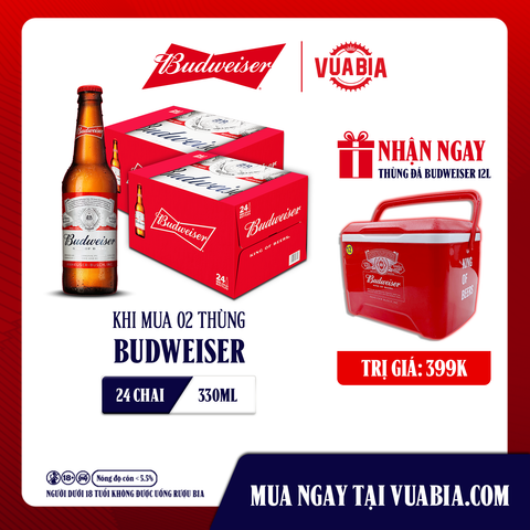 [FREESHIP] Bia Budweiser Combo 2 Thùng 24 Chai 330ml - Tặng 1 Thùng Đá Budweiser [Date 08/2025]