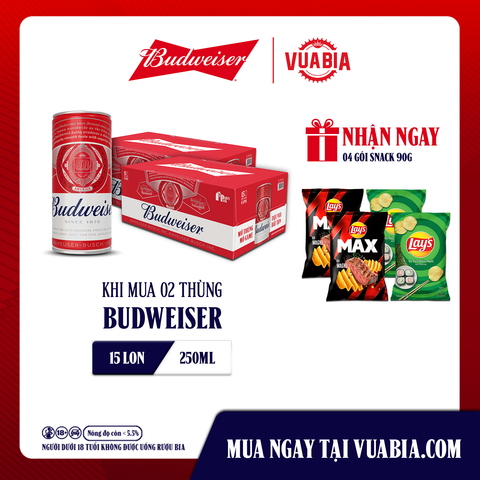 [FREESHIP] Bia Budweiser PartyPack Combo 2 Thùng 15 Lon 250ml - Tặng 4 Gói Snack 90gr