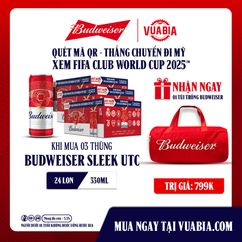 [FREESHIP] Bia Budweiser Sleek Combo 3 Thùng 24 Lon 330ml Phiên Bản FIFA Club World Cup 2025 - Tặng 1 Túi Du Lịch Budweiser