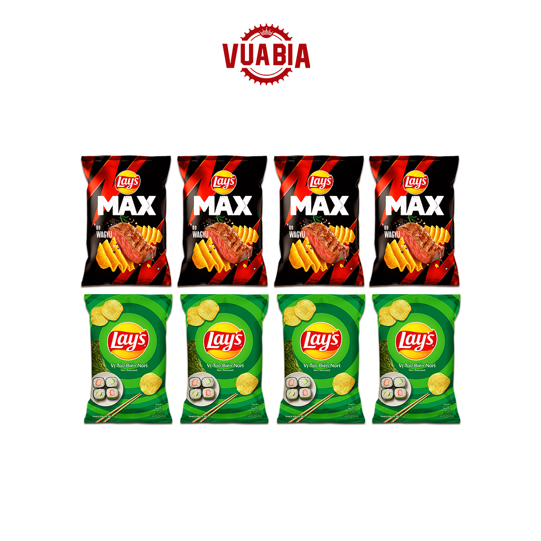 Combo 8 Gói Snack Lay’s Partypack - Lay’s Khoai Tây vị Tảo Biển 90g và Lay’s Max vị Bò Wagyu 75g - QUÀ TẶNG KHÔNG BÁN