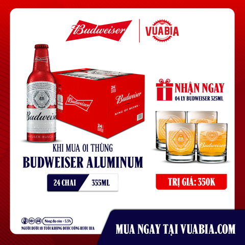 [FREESHIP] Bia Budweiser Thùng 24 Chai Aluminum 355ml - Tặng 4 Ly Budweiser 325ml