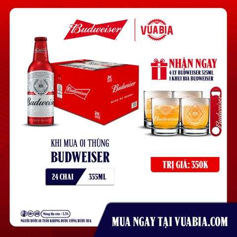 [FREESHIP] Bia Budweiser Thùng 24 Chai Aluminum 355ml - Tặng 4 Ly Budweiser 325ml + 1 Khui Bia Budweiser (Chỉ áp dụng ở Miền Bắc)