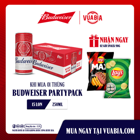 [FREESHIP]  Bia Budweiser PartyPack Thùng 15 Lon 250ml  - Tặng 2 Gói Snack 90gr