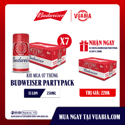 [FREESHIP]  Bia Budweiser PartyPack Combo 7 Thùng 15 Lon 250ml  - Tặng 1 Thùng Budweiser Partypack 15 Lon 250ml