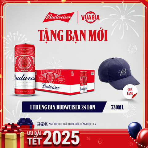 [FREESHIP] Bia Budweiser Sleek Thùng 24 Lon 330ml - Tặng 01 Nón Budweiser Phiên Bản Giới Hạn (Áp Dụng Khách Hàng Mới)