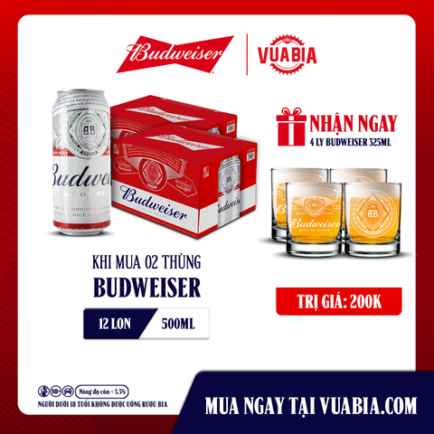 [Chỉ áp dụng Miền Bắc] [FREESHIP] Bia Budweiser Combo 2 Thùng 12 Lon 500ml - Tặng 4 Ly Budweiser 325ml