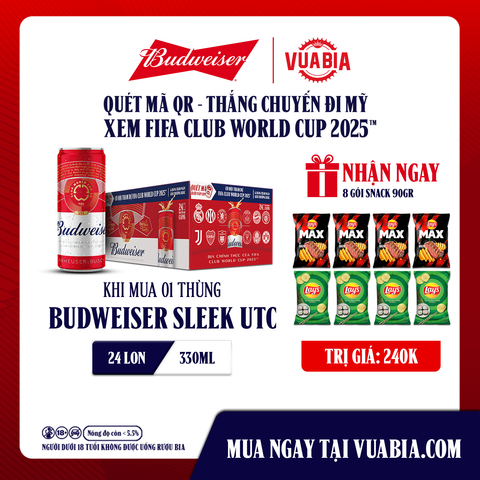 [Chỉ Áp Dụng Miền Nam] [FREESHIP] Bia Budweiser Sleek Thùng 24 Lon 330ml Phiên Bản FIFA Club World Cup 2025 - Tặng 8 Gói Snack 90gr