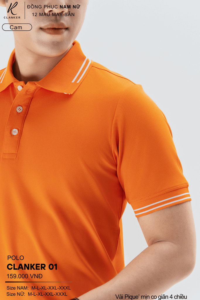 Áo Polo Thể Thao CLANKER 01 Nam , Nữ Màu Cam Vải Cá Sấu Thể Thao Mịn Co Dãn 4 Chiều Phủ Nano Kháng Khuẩn