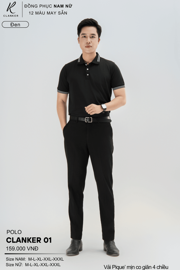 Áo Polo Thể Thao CLANKER 01 Nam , Nữ Màu Đen Vải Cá Sấu Thể Thao Mịn Co Dãn 4 Chiều Phủ Nano Kháng Khuẩn