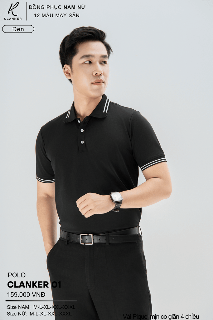 Áo Polo Thể Thao CLANKER 01 Nam , Nữ Màu Đen Vải Cá Sấu Thể Thao Mịn Co Dãn 4 Chiều Phủ Nano Kháng Khuẩn