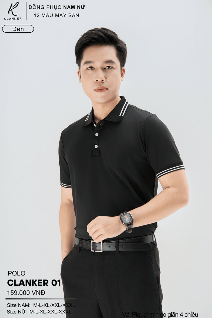 Áo Polo Thể Thao CLANKER 01 Nam , Nữ Màu Đen Vải Cá Sấu Thể Thao Mịn Co Dãn 4 Chiều Phủ Nano Kháng Khuẩn