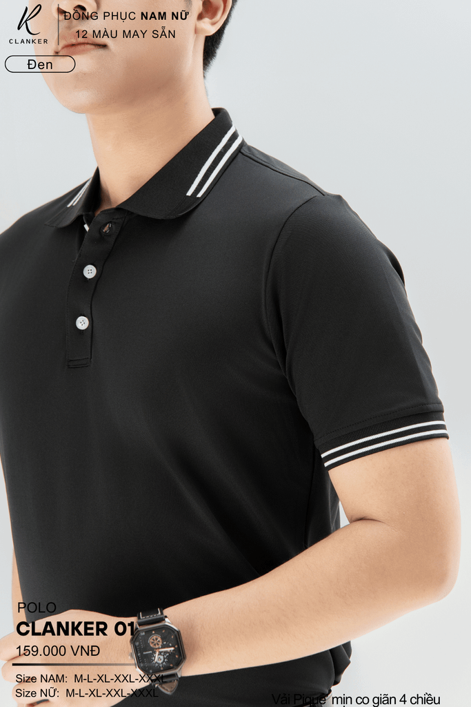 Áo Polo Thể Thao CLANKER 01 Nam , Nữ Màu Đen Vải Cá Sấu Thể Thao Mịn Co Dãn 4 Chiều Phủ Nano Kháng Khuẩn