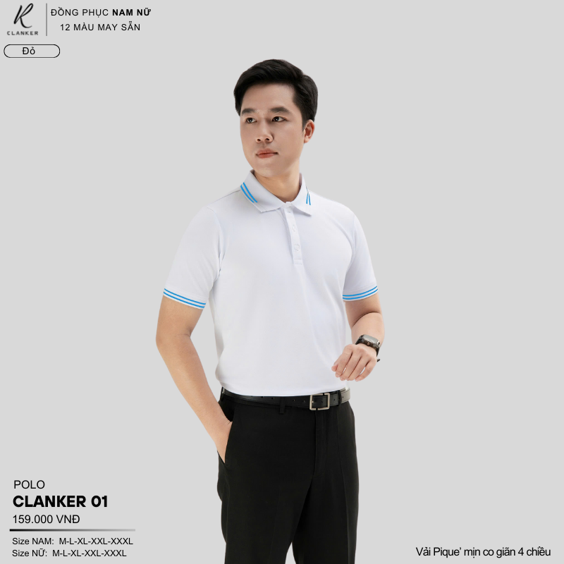 Áo Polo Thể Thao CLANKER 01 Nam , Nữ Màu Trắng  Vải Cá Sấu Thể Thao Mịn Co Dãn 4 Chiều Phủ Nano Kháng Khuẩn