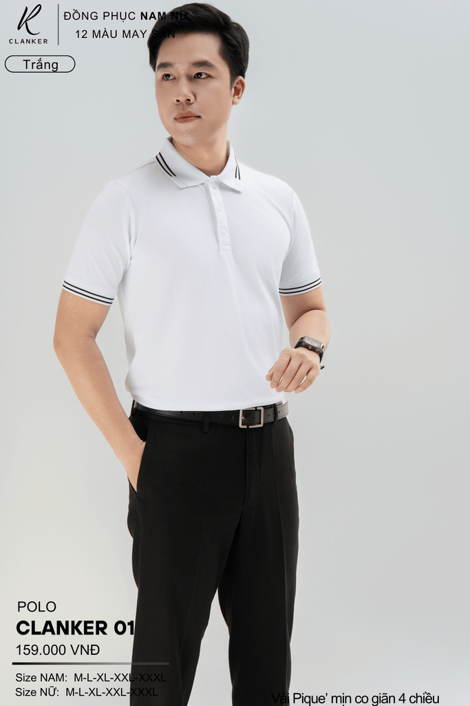 Áo Polo Thể Thao CLANKER 01 Nam , Nữ Màu Trắng  Vải Cá Sấu Thể Thao Mịn Co Dãn 4 Chiều Phủ Nano Kháng Khuẩn