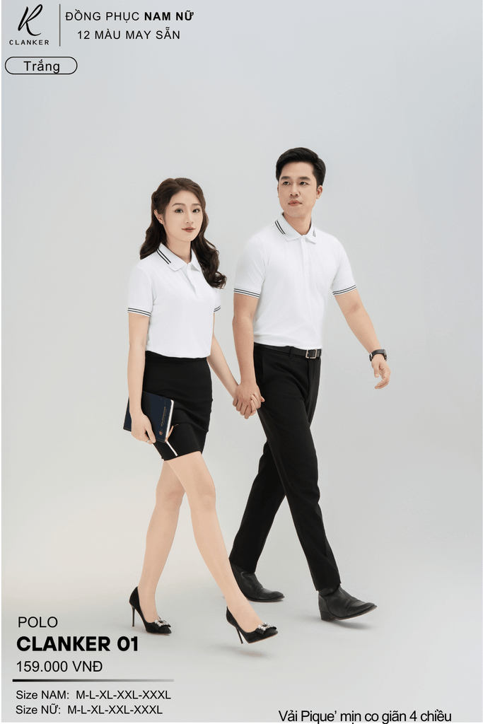 Áo Polo Thể Thao CLANKER 01 Nam , Nữ Màu Trắng  Vải Cá Sấu Thể Thao Mịn Co Dãn 4 Chiều Phủ Nano Kháng Khuẩn