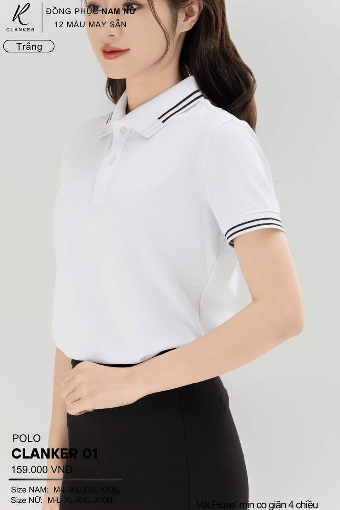 Áo Polo Thể Thao CLANKER 01 Nam , Nữ Màu Trắng  Vải Cá Sấu Thể Thao Mịn Co Dãn 4 Chiều Phủ Nano Kháng Khuẩn