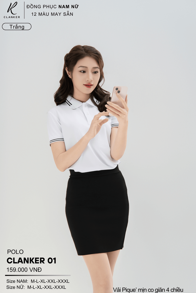Áo Polo Thể Thao CLANKER 01 Nam , Nữ Màu Trắng  Vải Cá Sấu Thể Thao Mịn Co Dãn 4 Chiều Phủ Nano Kháng Khuẩn