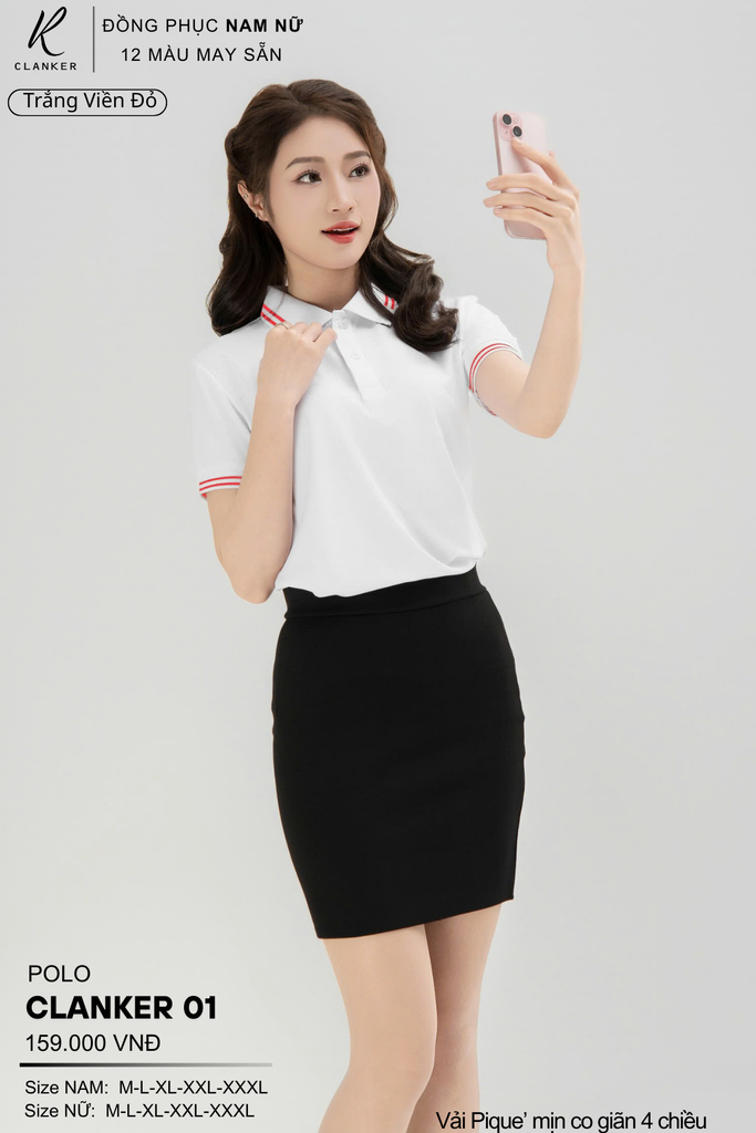 Áo Polo Thể Thao CLANKER 01 Nam , Nữ Màu Trắng Viền Đỏ Vải Cá Sấu Thể Thao Mịn Co Dãn 4 Chiều Phủ Nano Kháng Khuẩn