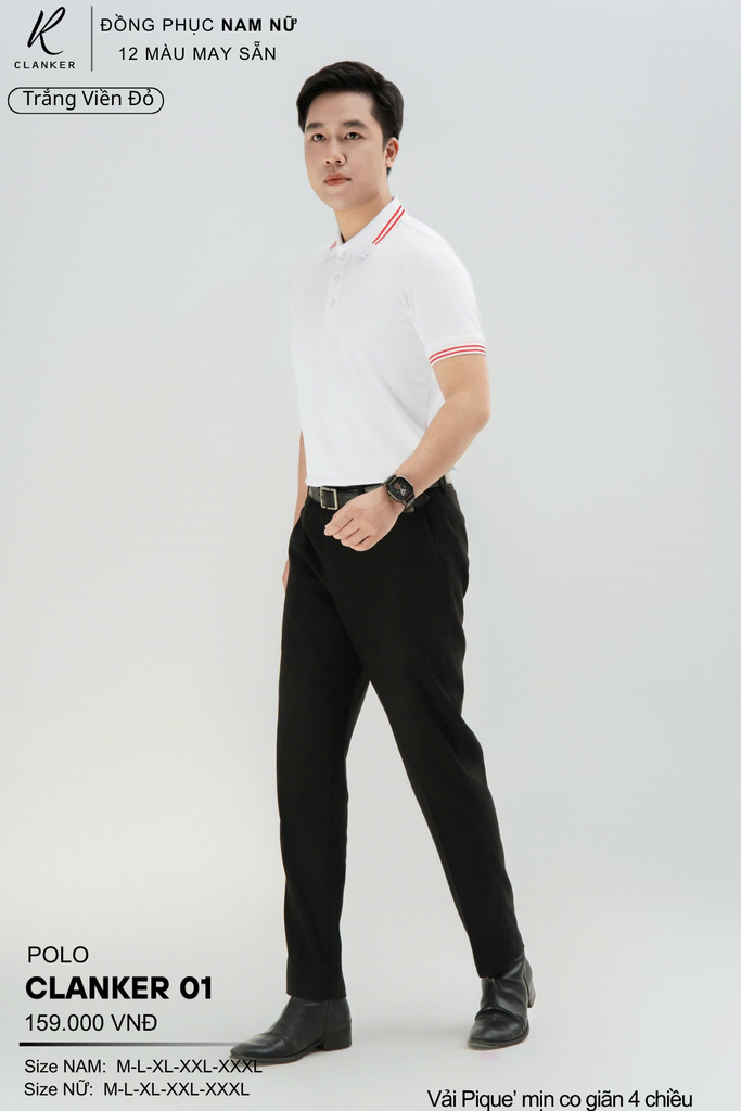 Áo Polo Thể Thao CLANKER 01 Nam , Nữ Màu Trắng Viền Đỏ Vải Cá Sấu Thể Thao Mịn Co Dãn 4 Chiều Phủ Nano Kháng Khuẩn