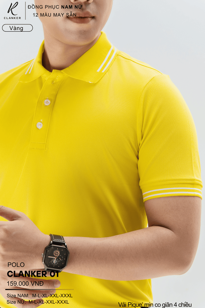 Áo Polo Thể Thao CLANKER 01 Nam , Nữ Màu Vàng Vải Cá Sấu Thể Thao Mịn Co Dãn 4 Chiều Phủ Nano Kháng Khuẩn