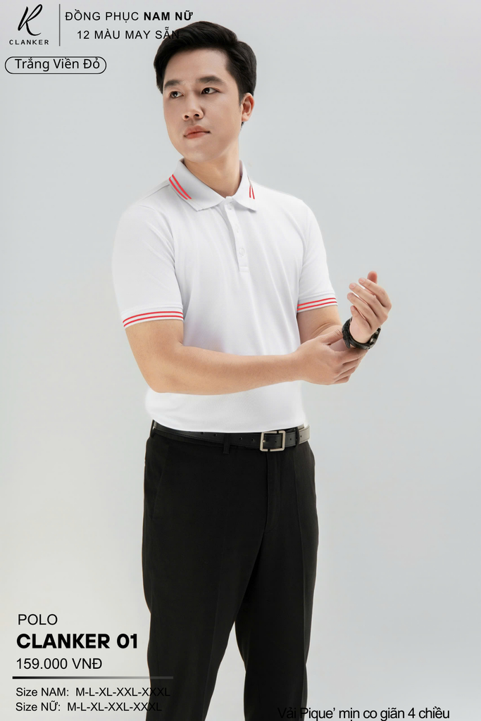 Áo Polo Thể Thao CLANKER 01 Nam , Nữ Màu Trắng Viền Đỏ Vải Cá Sấu Thể Thao Mịn Co Dãn 4 Chiều Phủ Nano Kháng Khuẩn