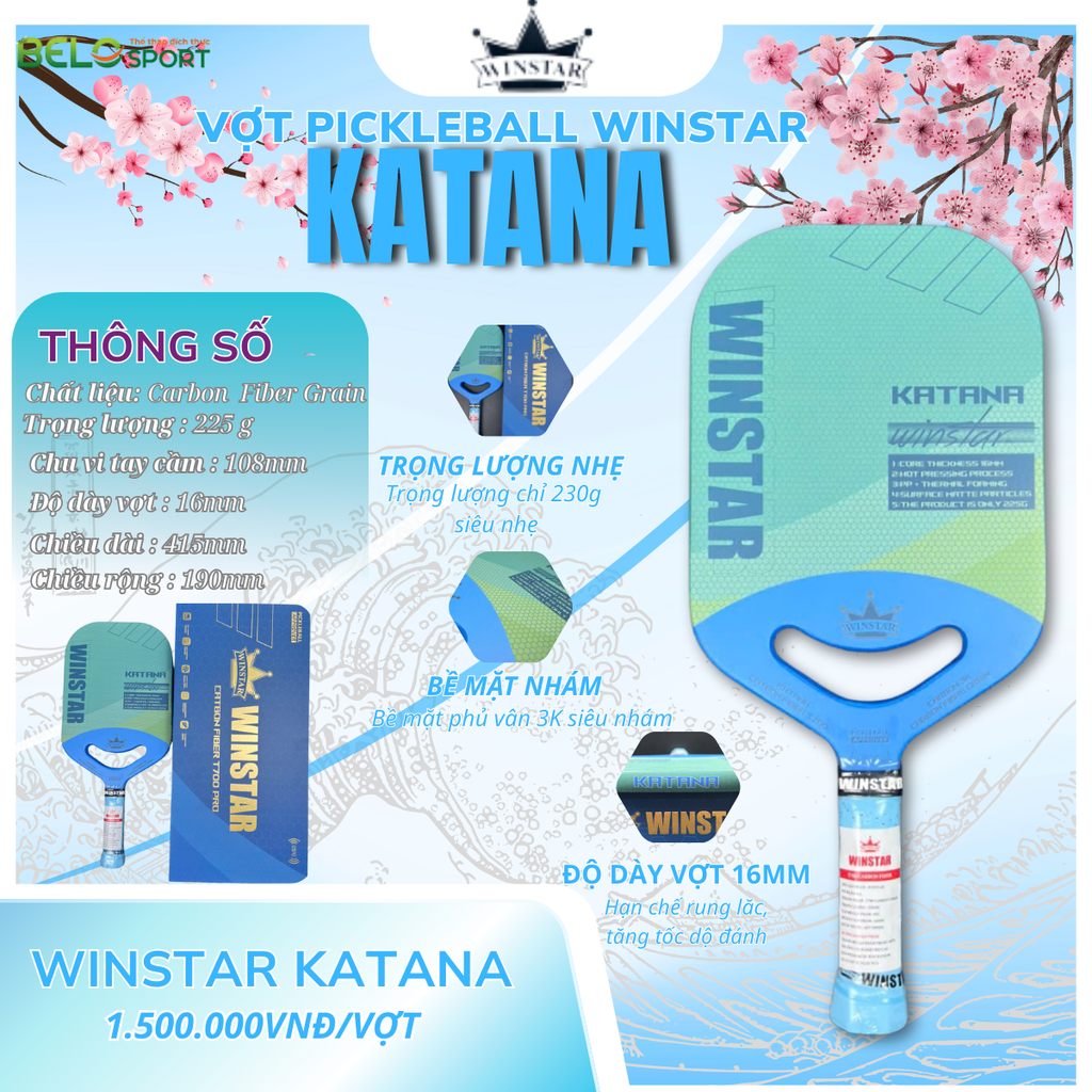 Vợt Pickleball Winstar Katana Carbon Fiber Grain - Màu Xanh Da