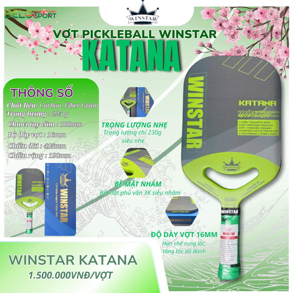 Vợt Pickleball Winstar Katana Carbon Fiber Grain - Màu Xanh Lá