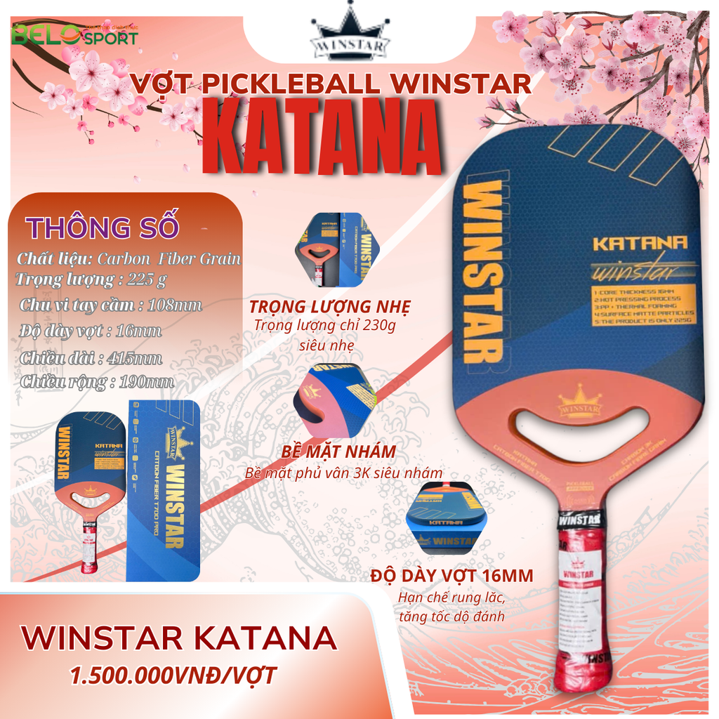 Vợt Pickleball Winstar Katana Carbon Fiber Grain - Màu Đỏ