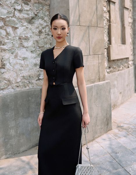  ĐẦM BÚT CHÌ ĐEN CẮT EO 