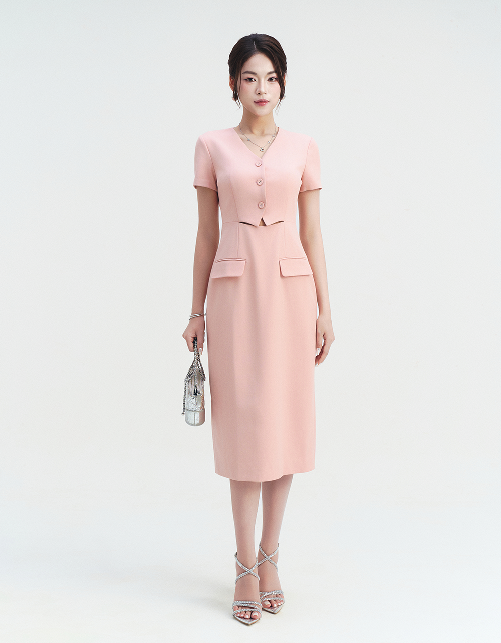  ĐẦM BÚT CHÌ HỒNG CẮT EO 