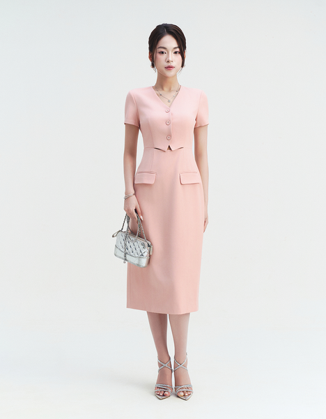  ĐẦM BÚT CHÌ HỒNG CẮT EO 