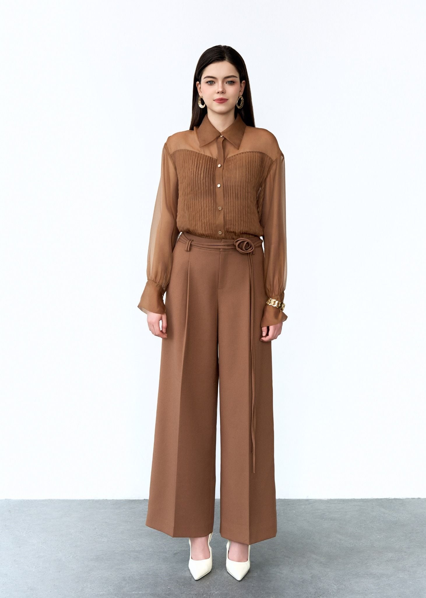  QUẦN DÀI ỐNG RỘNG LY SÚP BUỘC HOA NÂU 