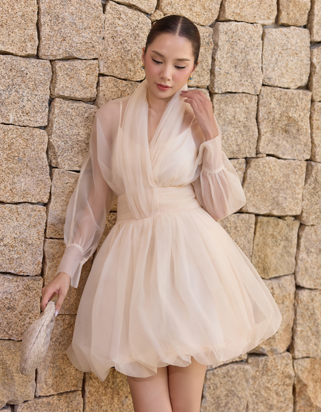  ĐẦM TƠ THÂN BOM XẾP NHÚN CỔ 