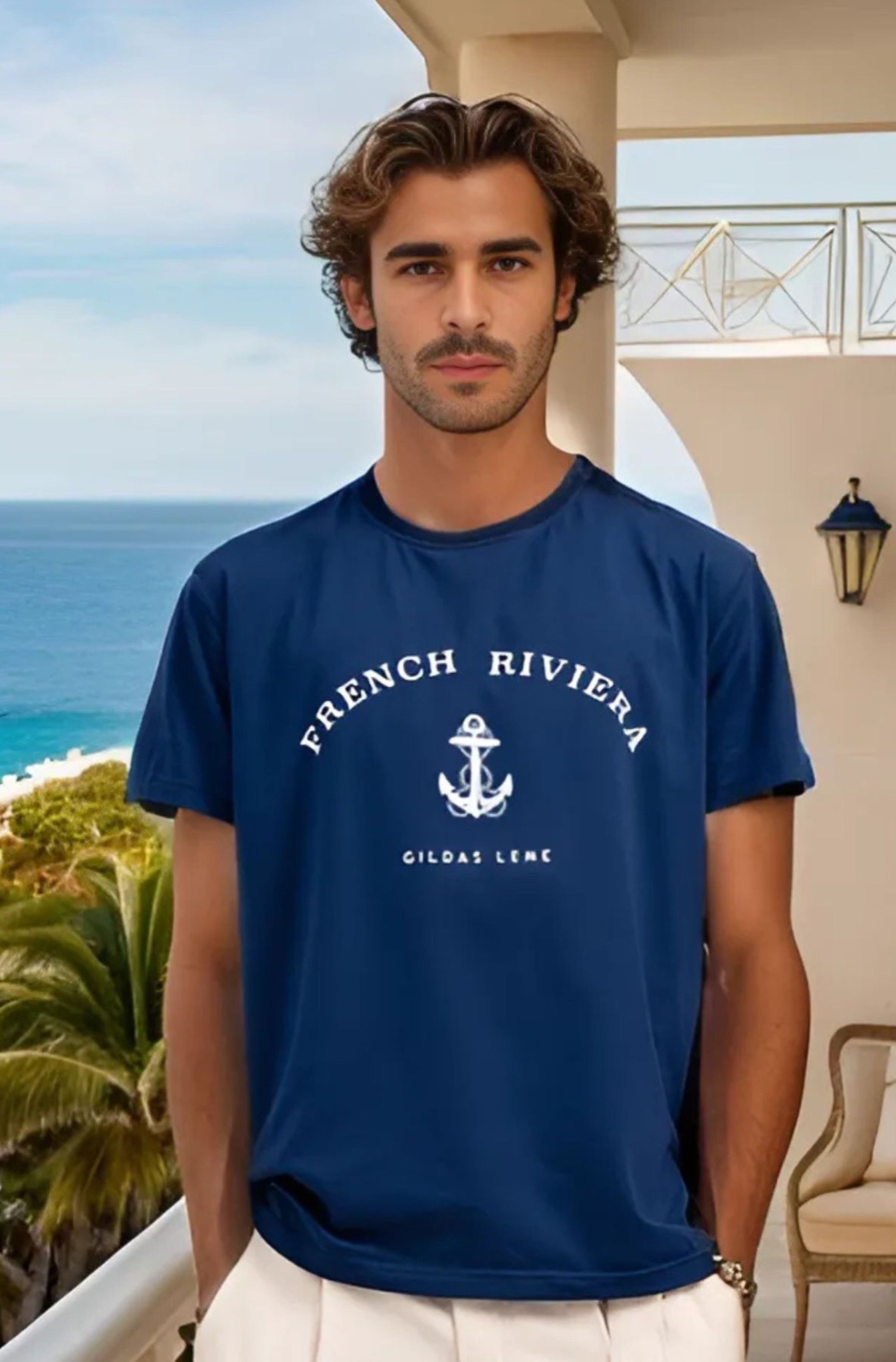 Áo thun nam Riviera cổ tròn Cotton