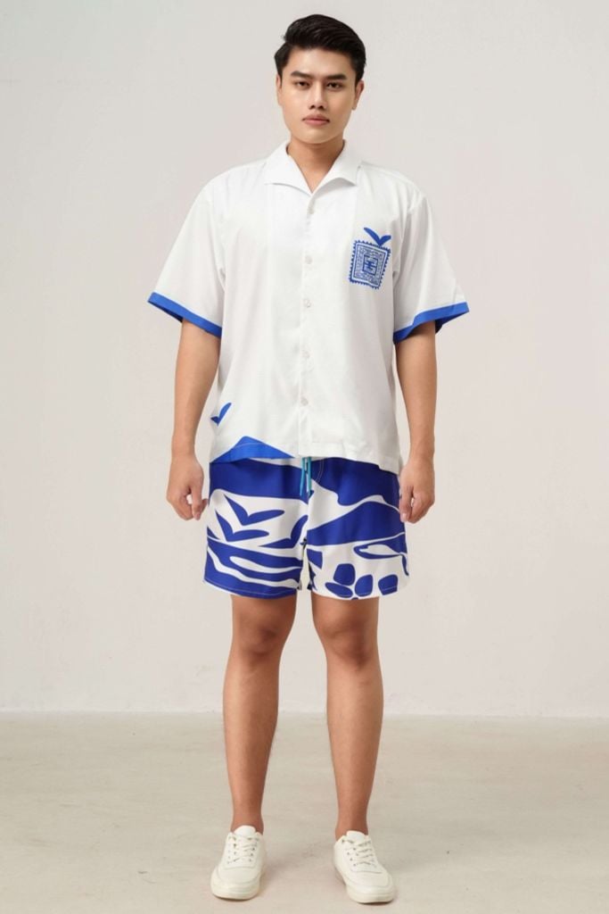 Áo Sơ Mi Nam Đi Biển Blue Stamp Trắng