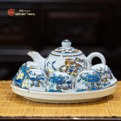Bộ Ấm Chén Thờ Men Lam Nổi Vẽ Vàng