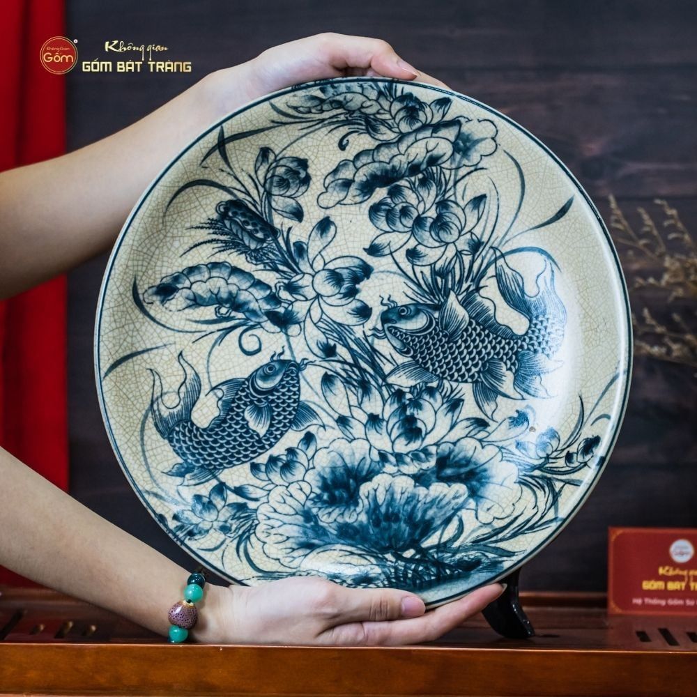 Đĩa Trưng Bày Men Rạn Song Ngư Cát Hạnh