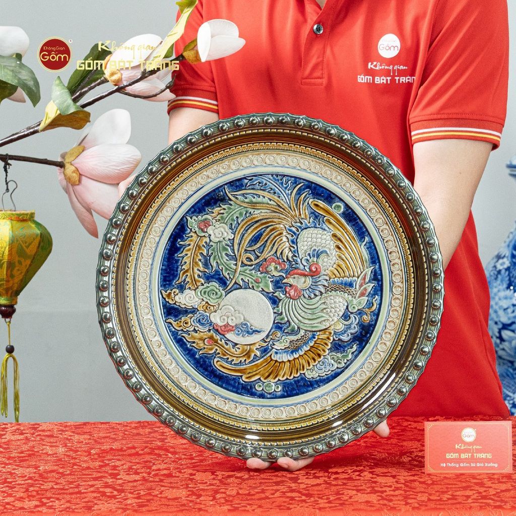 Đĩa Trưng Bày Đắp Nổi Vẽ Màu Chim Phượng